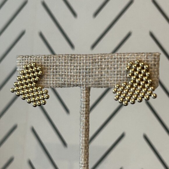 Gold Heart Shape Beaded Honeycomb Earrings Stainless Steel Stud Post Back - Picture 2 of 7